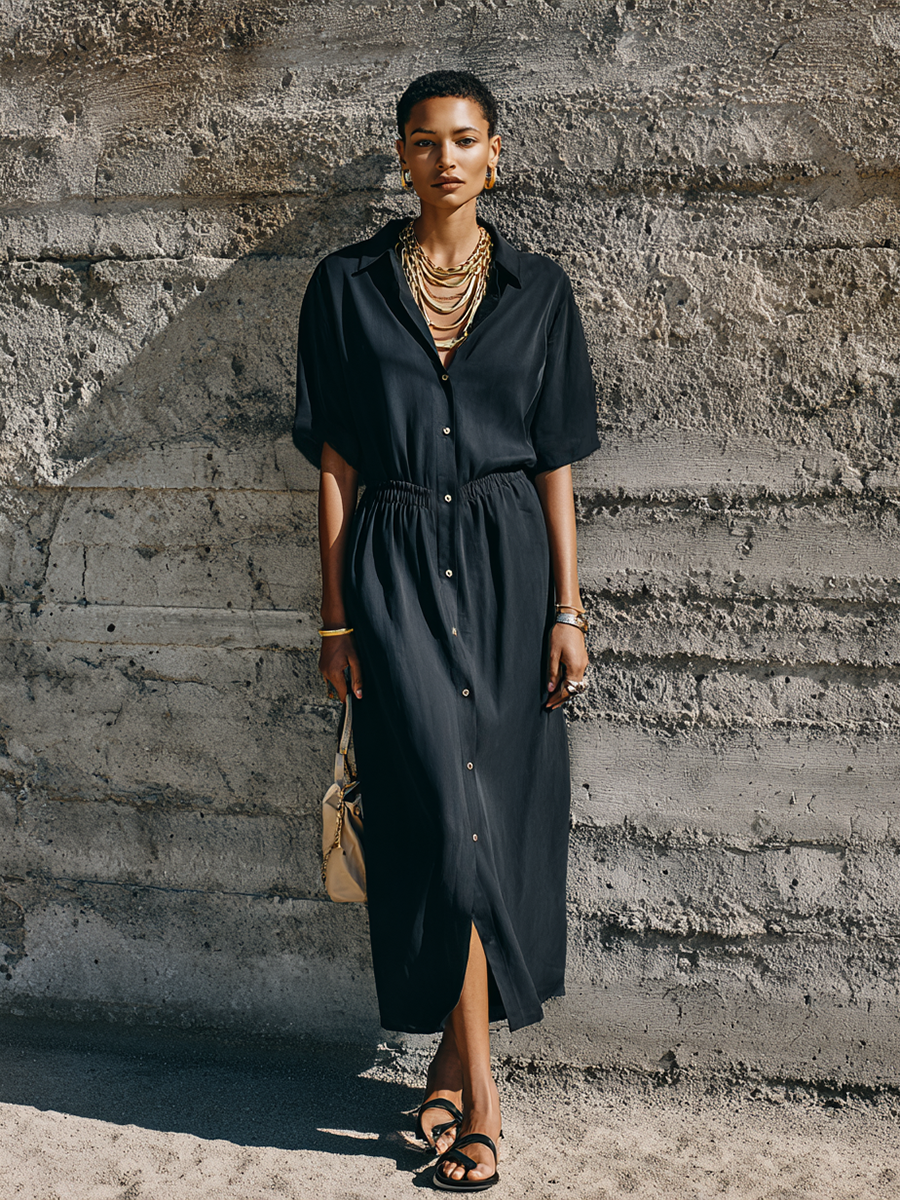 Women's Commuter Style Black Matte Satin Elastic Waist Collar Slit Long Shirt Dress MDZ0965E2GMJ