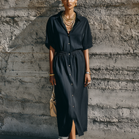 Women's Commuter Style Black Matte Satin Elastic Waist Collar Slit Long Shirt Dress MDZ0965E2GMJ