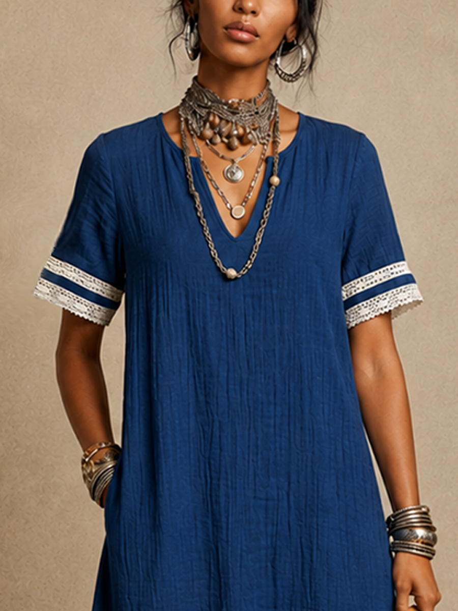 Women's Resort-Style Blue Cotton-Linen Lace-Trimmed V-Neck Short-Sleeved Midi Dress MDZ0934E8GMJ
