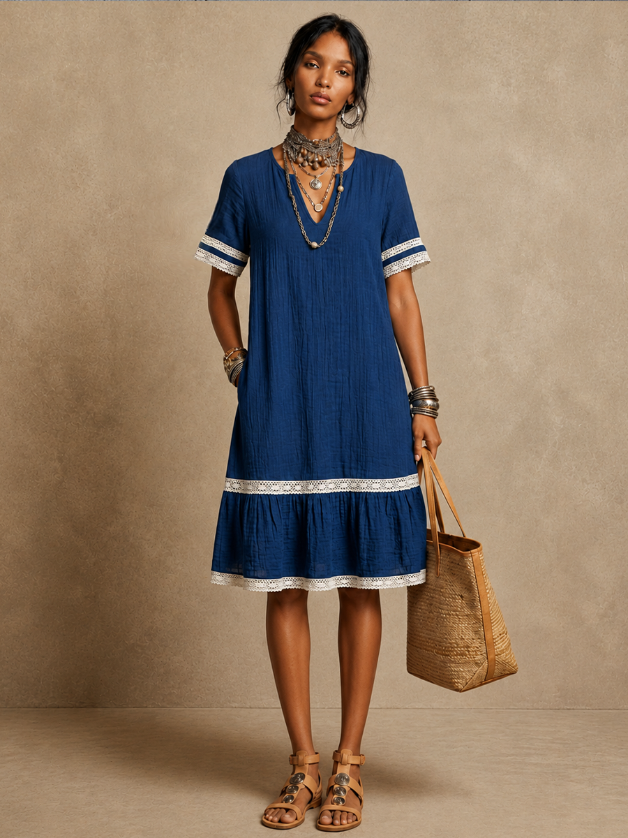 Women's Resort-Style Blue Cotton-Linen Lace-Trimmed V-Neck Short-Sleeved Midi Dress MDZ0934E8GMJ
