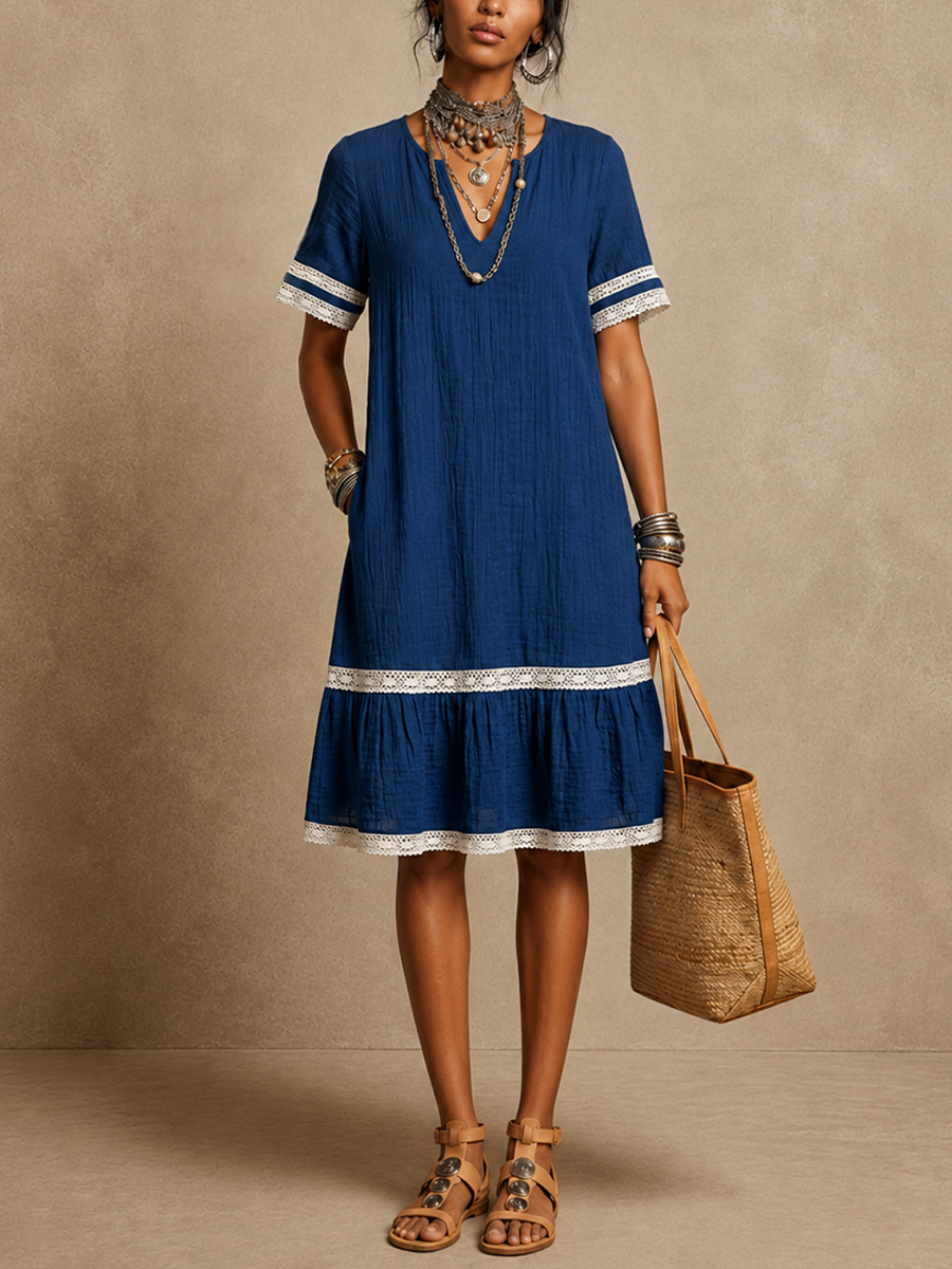 Women's Resort-Style Blue Cotton-Linen Lace-Trimmed V-Neck Short-Sleeved Midi Dress MDZ0934E8GMJ