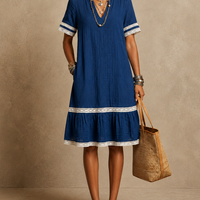 Women's Resort-Style Blue Cotton-Linen Lace-Trimmed V-Neck Short-Sleeved Midi Dress MDZ0934E8GMJ