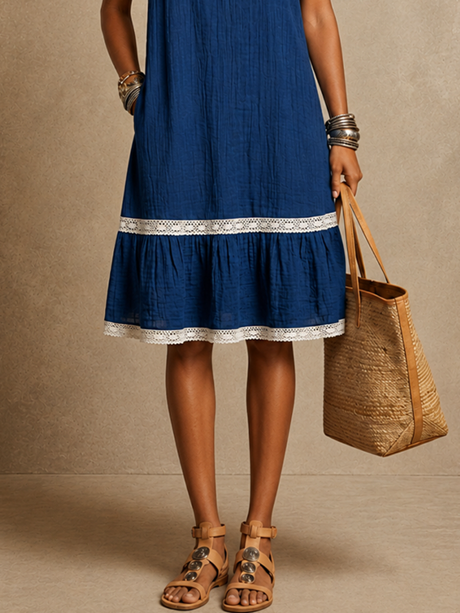 Women's Resort-Style Blue Cotton-Linen Lace-Trimmed V-Neck Short-Sleeved Midi Dress MDZ0934E8GMJ