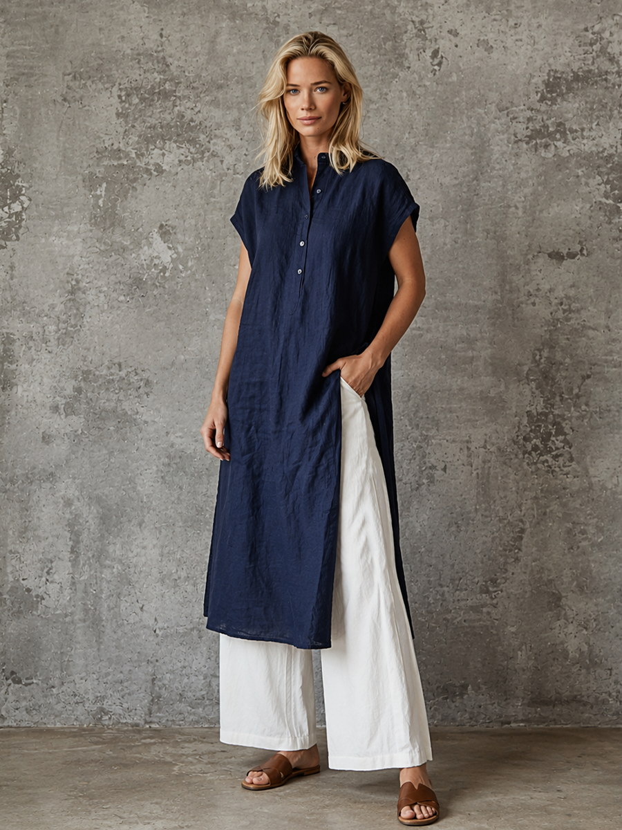 Women's Minimalist Navy Blue Linen-Cotton Half-Placket Longline Shirt And White Linen-Cotton High-Waisted Wide-Leg Pants Set MDZ0939E2GMJ