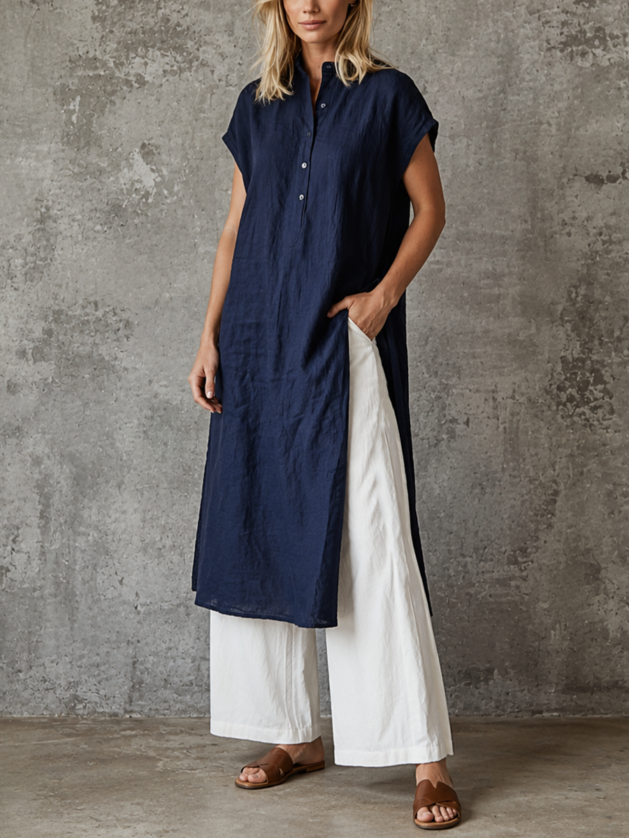 Women's Minimalist Navy Blue Linen-Cotton Half-Placket Longline Shirt And White Linen-Cotton High-Waisted Wide-Leg Pants Set MDZ0939E2GMJ