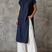 Women's Minimalist Navy Blue Linen-Cotton Half-Placket Longline Shirt And White Linen-Cotton High-Waisted Wide-Leg Pants Set MDZ0939E2GMJ