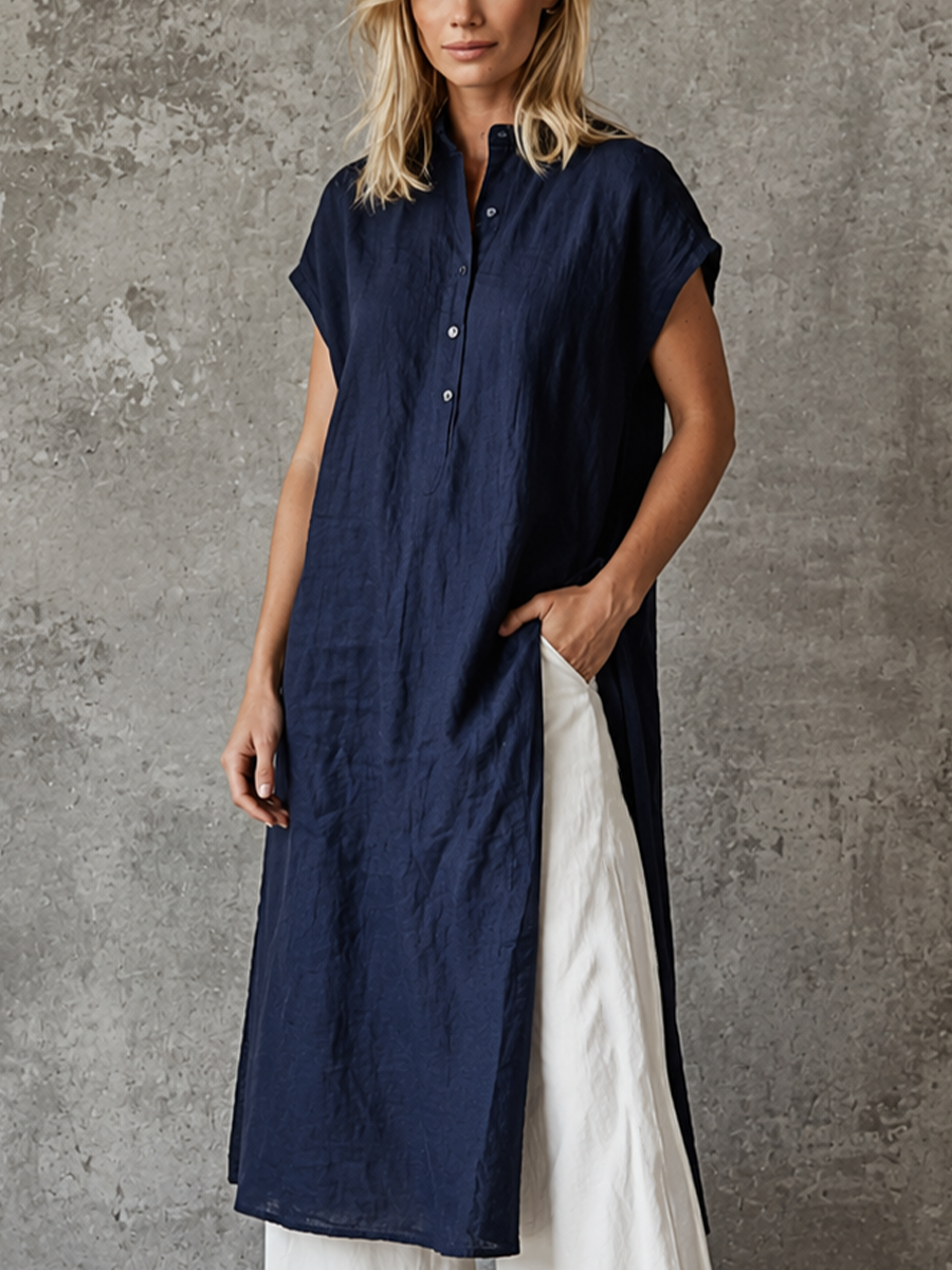Women's Minimalist Navy Blue Linen-Cotton Half-Placket Longline Shirt And White Linen-Cotton High-Waisted Wide-Leg Pants Set MDZ0939E2GMJ