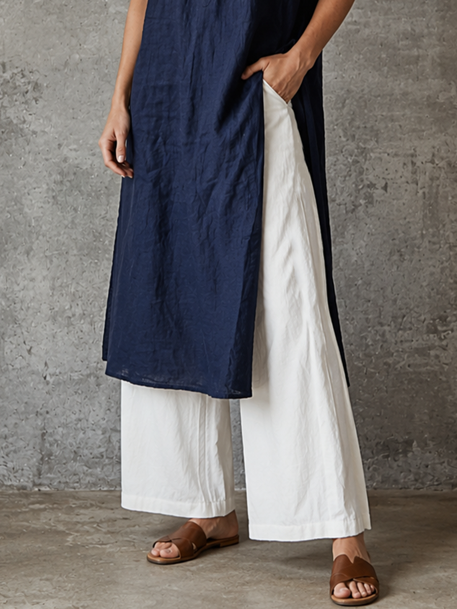 Women's Minimalist Navy Blue Linen-Cotton Half-Placket Longline Shirt And White Linen-Cotton High-Waisted Wide-Leg Pants Set MDZ0939E2GMJ