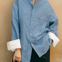 Women's Commuting Light Blue Cotton-Linen Striped Stand Collar Shirt With White Cotton Blend Cuffs Loose Fit Top MDZ0907E3GMJ