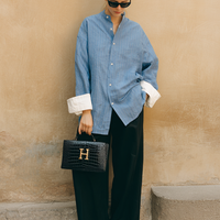 Women's Commuting Light Blue Cotton-Linen Striped Stand Collar Shirt With White Cotton Blend Cuffs Loose Fit Top MDZ0907E3GMJ