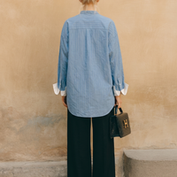 Women's Commuting Light Blue Cotton-Linen Striped Stand Collar Shirt With White Cotton Blend Cuffs Loose Fit Top MDZ0907E3GMJ