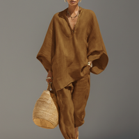 Women's Neutral Linen Set With Asymmetric Hem & Minimalist Design, Sophisticated Daily-Casual Style Set MDZ0501B3I