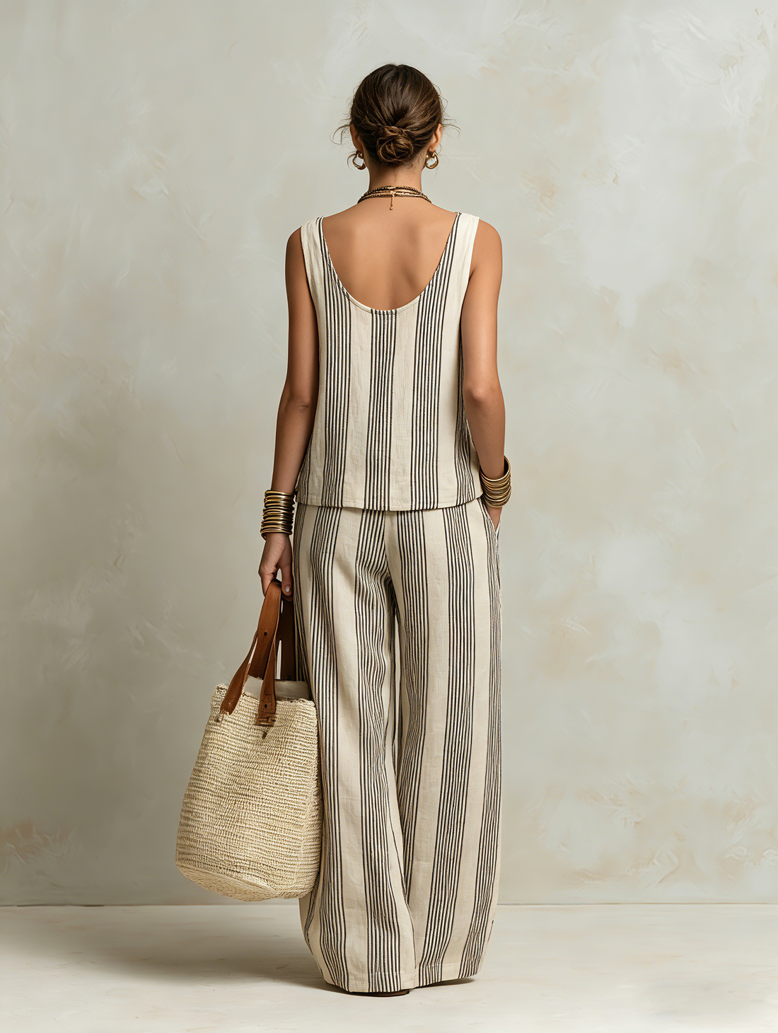 Women's Casual Black And White Striped Woven V-Neck Sleeveless Top With Trousers MDZ1701D4LXY