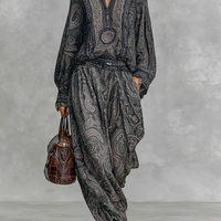 Women's Vintage Paisley Print Stand-up Collar Long Sleeve Shirt Trousers Two-piece Set MDA2558G3Y