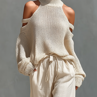 Women's Beige Knit Fabric Cold-Shoulder Turtleneck Top & Wide-Leg Pants Set MDZ0984A5T