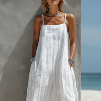 Women's Casual White Vertical Striped Woven Sleeveless Loose Long Dress MDZ0324C9AN