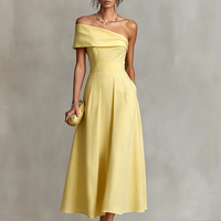 Women's Yellow Linen Dress With One-Shoulder Neckline & Fitted Waist, Timeless Elegant-Chic Style Dress MDZ2630B3I