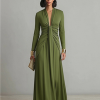 Women's Olive Silky Stretchy Dress With Deep V-Neck & Ruched Detail, Glamorous Maxi Dress MDA0509L8I