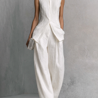Women's Elegant White Cotton Linen Sleeveless Top and Wide-Leg Pants Set MDZ0221B1BA