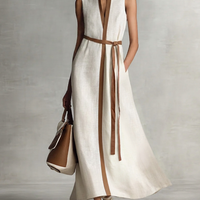 Women's Sleeveless V-Neck Tie-Waist Cotton Linen Maxi Dress MDZ1153B7BA