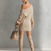 Women's Beige Cable Knit Off-the-Shoulder Fashion Mini Dress MDA1314J6T