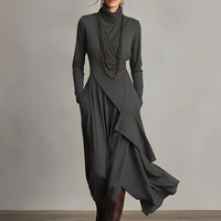 Women's Purple Bohemian Cotton Stretch Turtleneck Asymmetrical Draped Maxi Dress MDA2055J9I