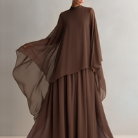 Women's Rich Brown Chiffon Dress With Flowy Maxi Silhouette & Cape-like Design, Modern Elegant-Glam Style Dress MDA1967L4I