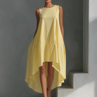 Women's White Linen Fabric Sleeveless Midi Dress With Round Neck & Asymmetric Hem MDZ0987B9T