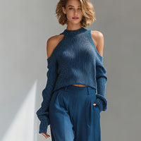 Women's Blue Elegant Ribbed Knit Cold - Shoulder Sweater And Wide - Leg Pants Set MDA1591I8I