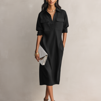 Women's Elegant Black Cotton-linen Blend Shirt Collar Short-sleeved Midi Dress MDZ0455C2AN