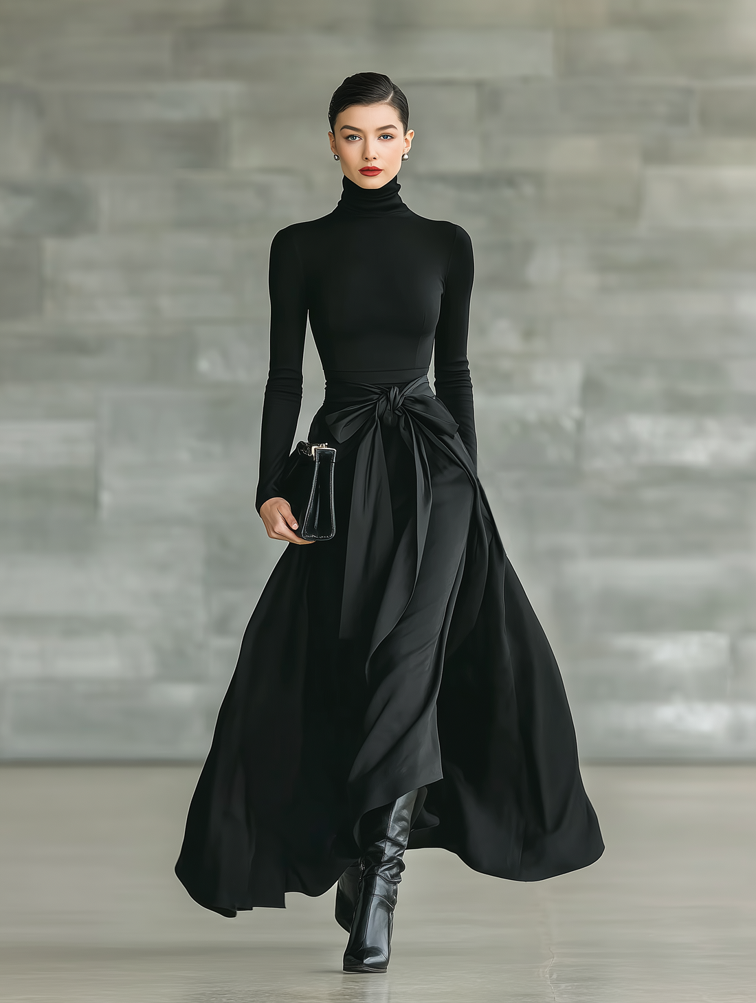 Women's Black High-Neck High-Stretch Knitted And Satin Flared Maxi Dress MDA2851J4T