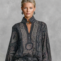 Women's Vintage Paisley Print Stand-up Collar Long Sleeve Shirt Trousers Two-piece Set MDA2558G3Y