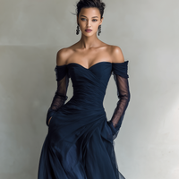 Women's Elegant Dark Blue Chiffon Organza Off-shoulder Long-sleeved Fitted Maxi Dress MDA1711L9AN