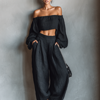 Women's Minimalist Linen Blend Strapless Long-sleeved Blouse And Wide-leg Pants Set MDA1900L7Y