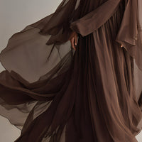 Women's Rich Brown Chiffon Dress With Flowy Maxi Silhouette & Cape-like Design, Modern Elegant-Glam Style Dress MDA1967L4I
