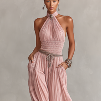Women's Blush Pleated Jumpsuit With Halter Neck & Ruched Waist, Timeless Romantic-Elegant Style Jumpsuit (without Belt) MDZ1133B7I