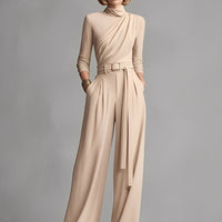 Women's Neutral-colored Cotton Blend Knit Jumpsuit With Gathered Waist MDA1516L0I