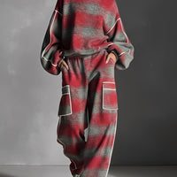 Women's Red And Gray Plaid Brushed Distressed Street Style Color-Blocked Piping Pantsuit Set MDA1065K4I