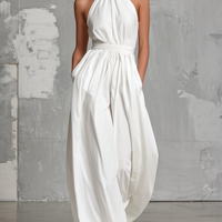 Women's Elegant White Woven Sleeveless Halter-neck Jumpsuit MDZ0554A3AN