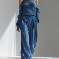 Women's Blue Elegant Ribbed Knit Cold - Shoulder Sweater And Wide - Leg Pants Set MDA1591I8I