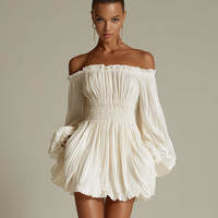 Women's Ivory Pleated Dress With Off-Shoulder Neckline & Ruched Waist, Timeless Sexy-Elegant Style Dress MDZ1305B8I