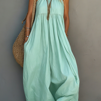 Women's Casual Woven Halter-Neck Sleeveless Jumpsuit In Mint Green MDZ0802E5LXY