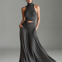 Women's Charcoal Gray Stretch Knit Dress With Turtleneck Halter & Cutout Waist, Timeless Minimalist Elegant Style Dress MDZ0960B2I