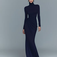 Women's Navy Elegant Stretch Polyester-Cotton Blend Turtleneck Draped Maxi Dress MDA1742J1I