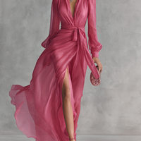 Women's Elegant Rose Pink Pearl Chiffon V-neck Tie-waist Long Dress MDZ1925A7BA