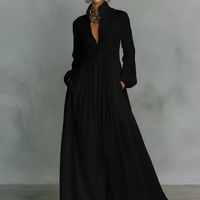 Women's Minimalist Cotton And Linen Patchwork Single-breasted Stand-up Collar Long-sleeved Maxi Dress MDA0658K6Y
