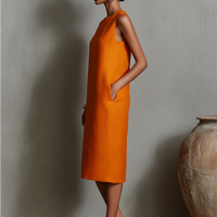 Women's Orange Linen Shift Dress With Sleeveless Round Neck & Side Pockets, Timeless Minimalist-Elegant Style Dress MDZ2851C7I