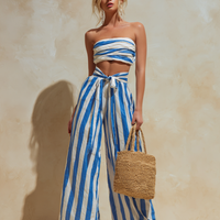 Women's Resort Style Blue And White Striped Strapless Wide-Leg Pants Suit MDZ0963B1BA