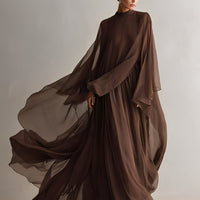 Women's Rich Brown Chiffon Dress With Flowy Maxi Silhouette & Cape-like Design, Modern Elegant-Glam Style Dress MDA1967L4I