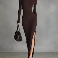 Women's Brown Stretch Fabric Chic Turtleneck Bodycon Slit Dress MDA1311K1I